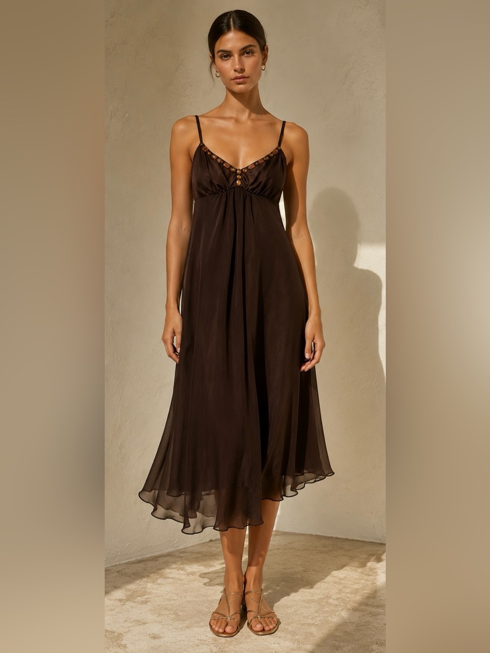 Vintage Y2K Nine West 100% Silk Embellished Espresso Brown Midi Dress. 8